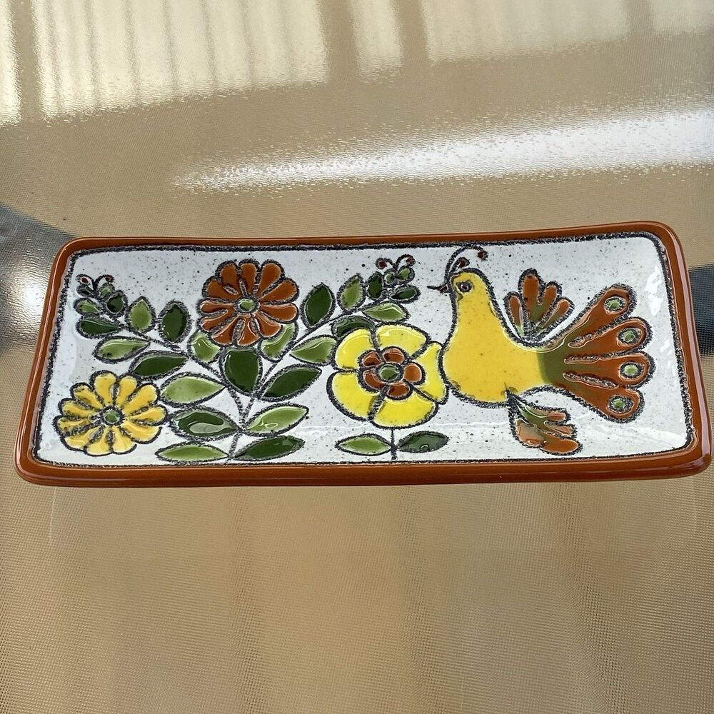 Vintage Eduardo Vega Pottery Bird with Flowers Tray Spoon Rest